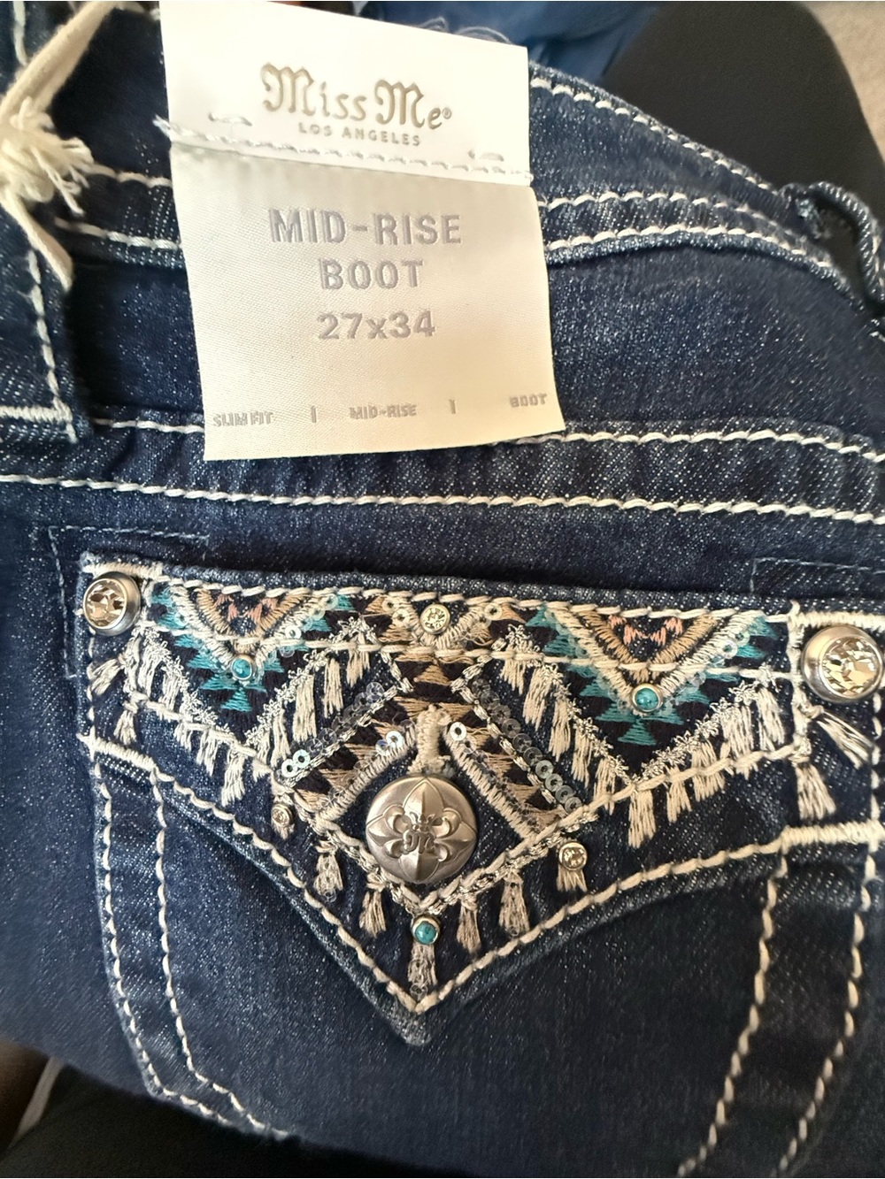 NWT Miss Me mid rise boot jeans w cntrst stitch/high design pockets retail $118 - Picture 9 of 14